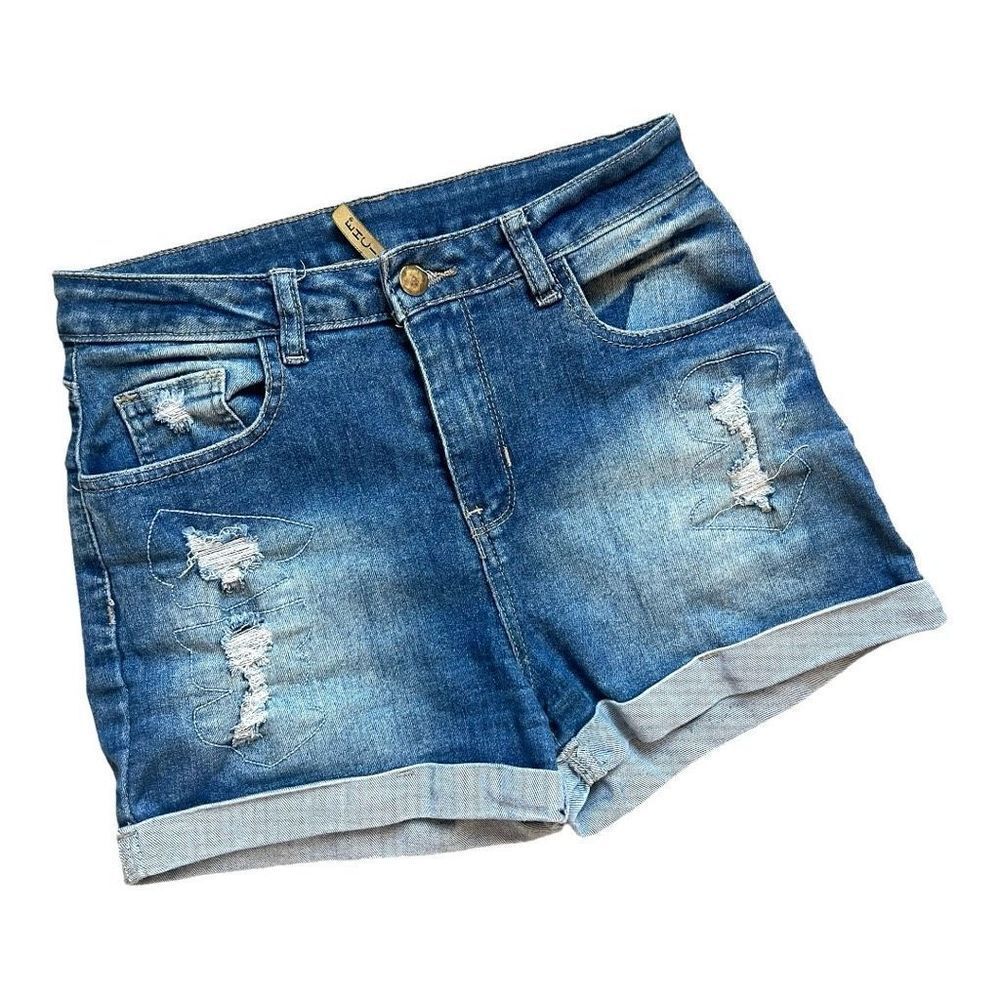 Juniors Womens Vertiche Medium Rinse Cuffed Distressed Denim Jean Shorts - Sz 7